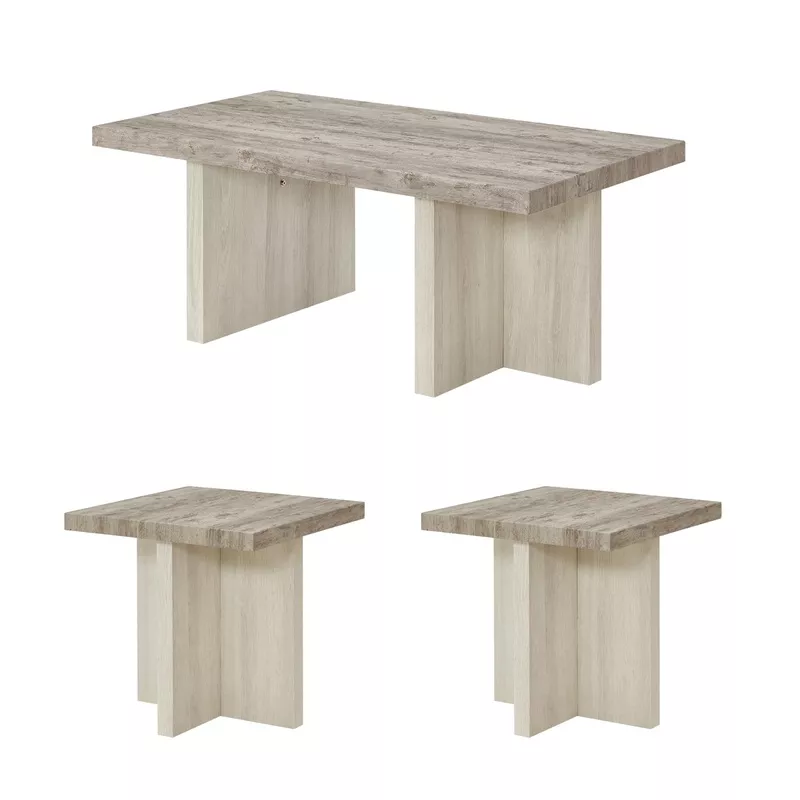 3-Piece Coffee Table Set with Two End Tables Weathered Gray and Beige