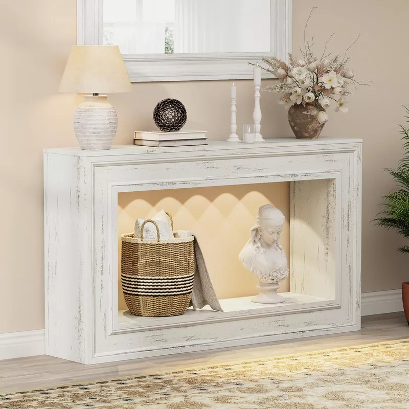 55″ Console Table with LED Lights & Storage White