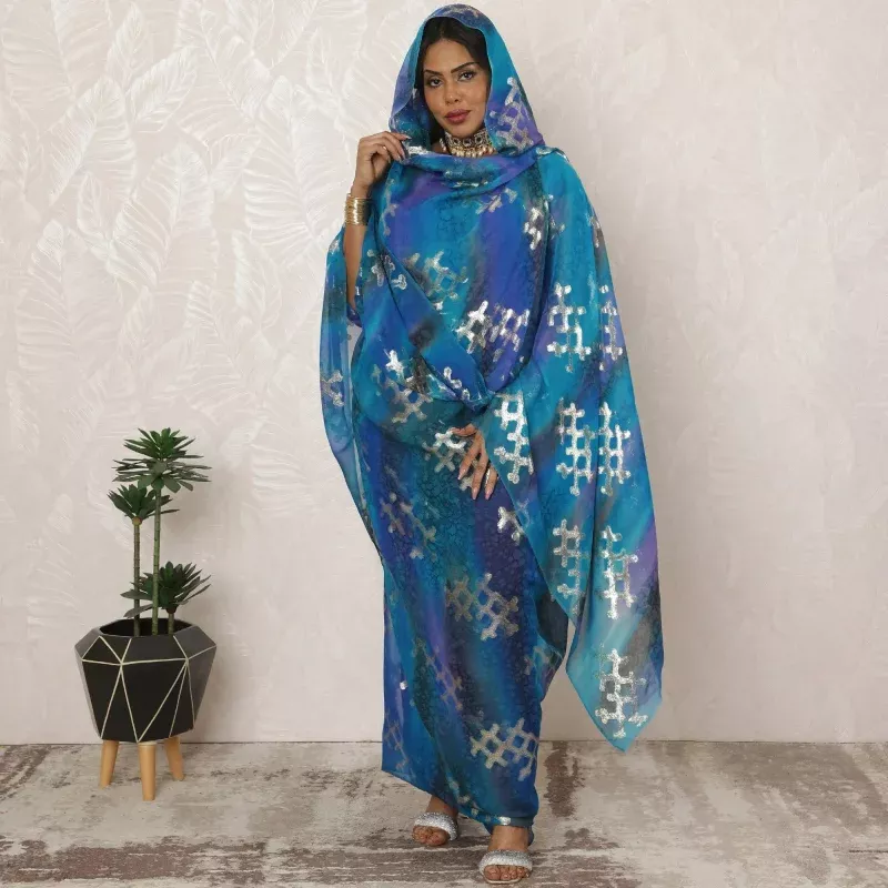 Blue and Purple Sudanese Thobe Fabric in Pure Silk Chiffon with Metallic Lurex, 4.5 Meters, 110 cm Width-D20424