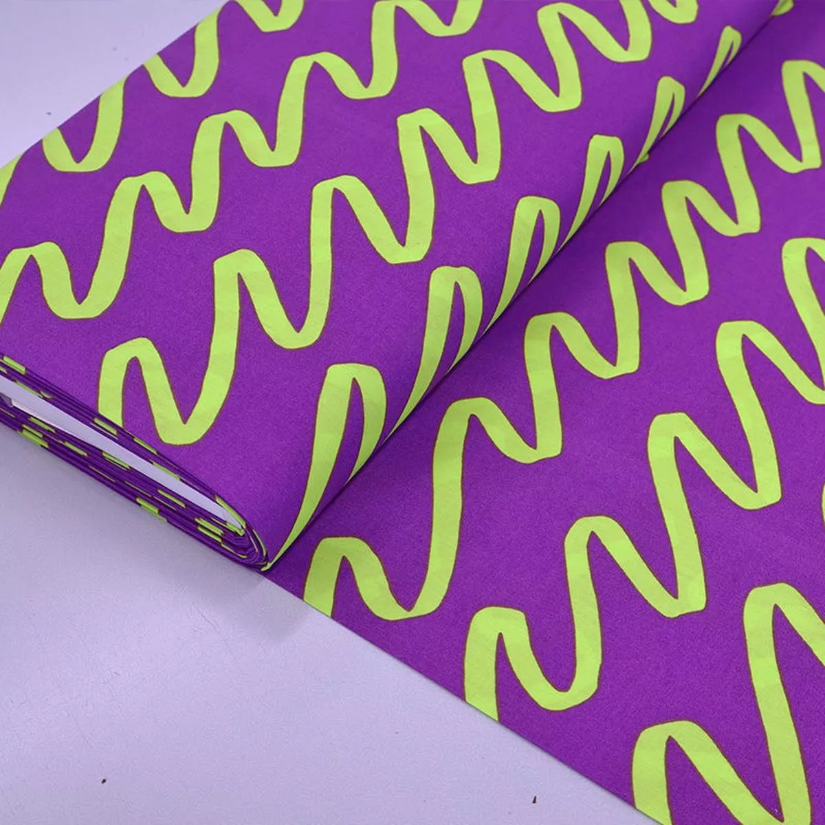 Cotton Poplin – Lime and Purple – Wiggly