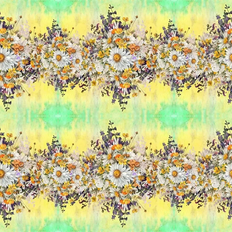 Horizontal Chamomile Flowers Border Fabric – Green/Yellow
