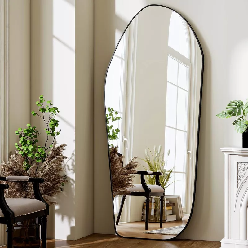 Irregular Full Length Floor Mirror with Aluminum Frame Black