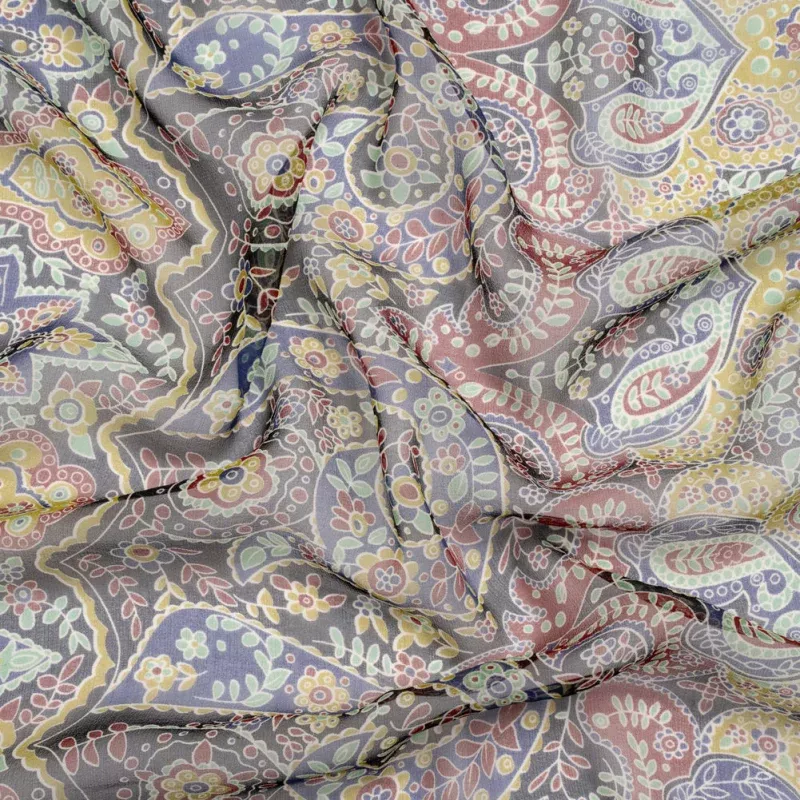 Lime, Blue and Black Floral Silk Chiffon