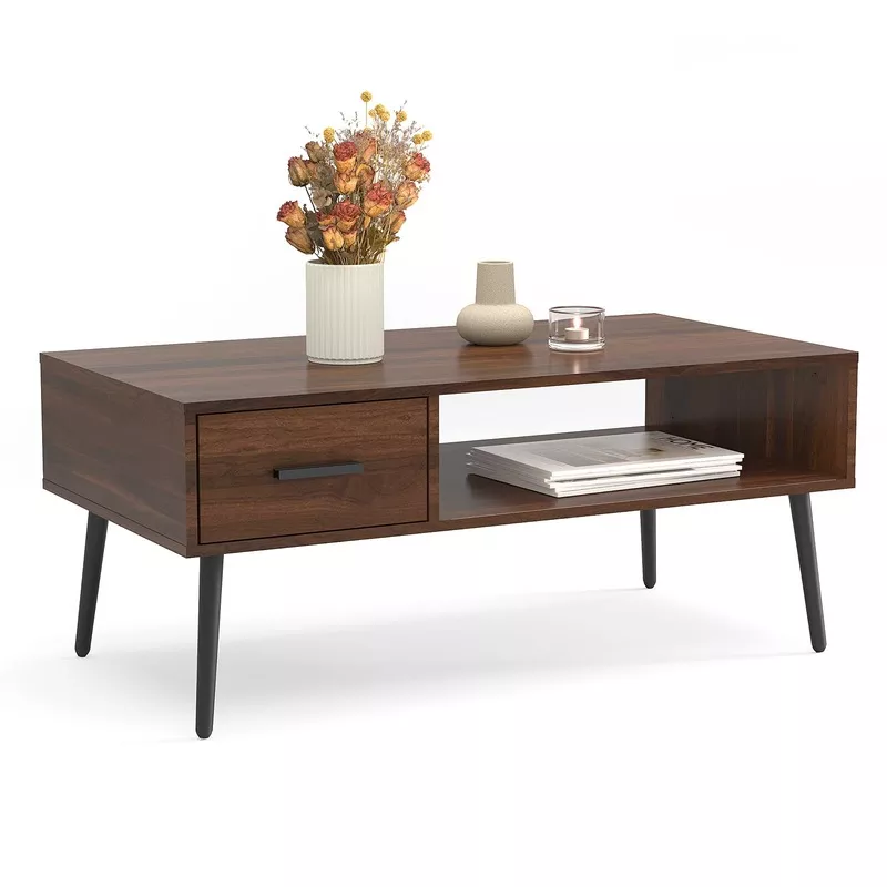 Mid Century Modern Coffee Table with Drawer & Open Storage Shelf CT001B