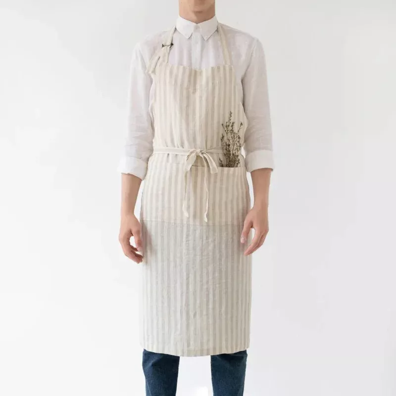 Natural White Stripes Linen Chef Apron