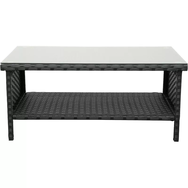 Outdoor Wicker Coffee Table with 2-Layer Glass Storage Black