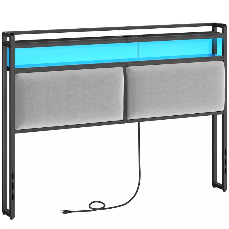 Queen Upholstered Storage Headboard with LED Lights & Charging Station Gray