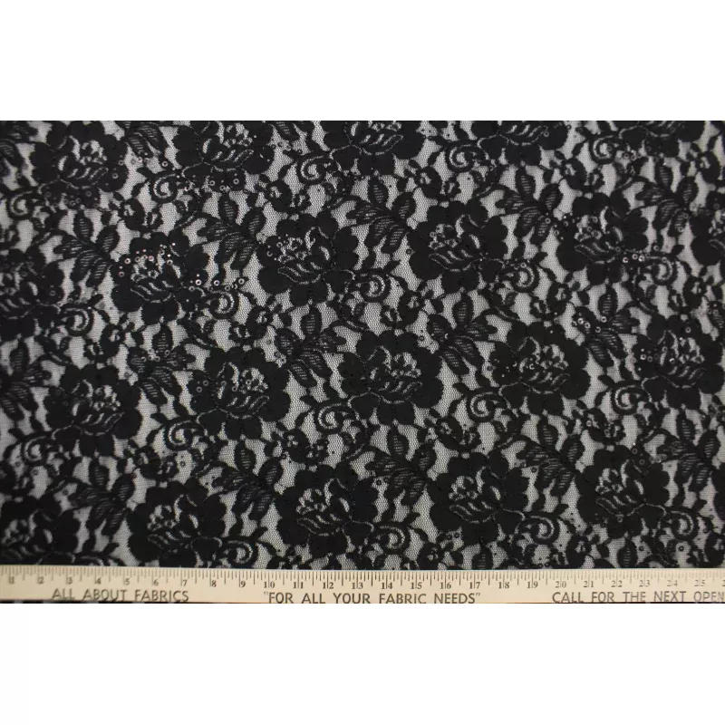 Rosette Floral Sequined Stretch Chantilly Lace Fabric in Black