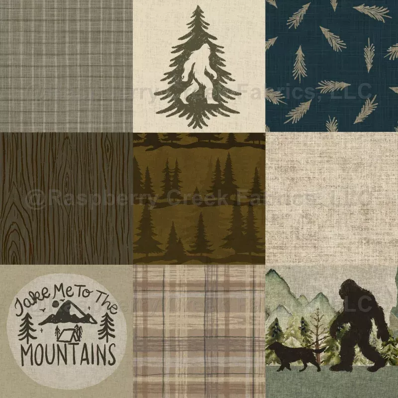 Rustic Mountain Patchwork with Trees and Bigfoot Sasquatch