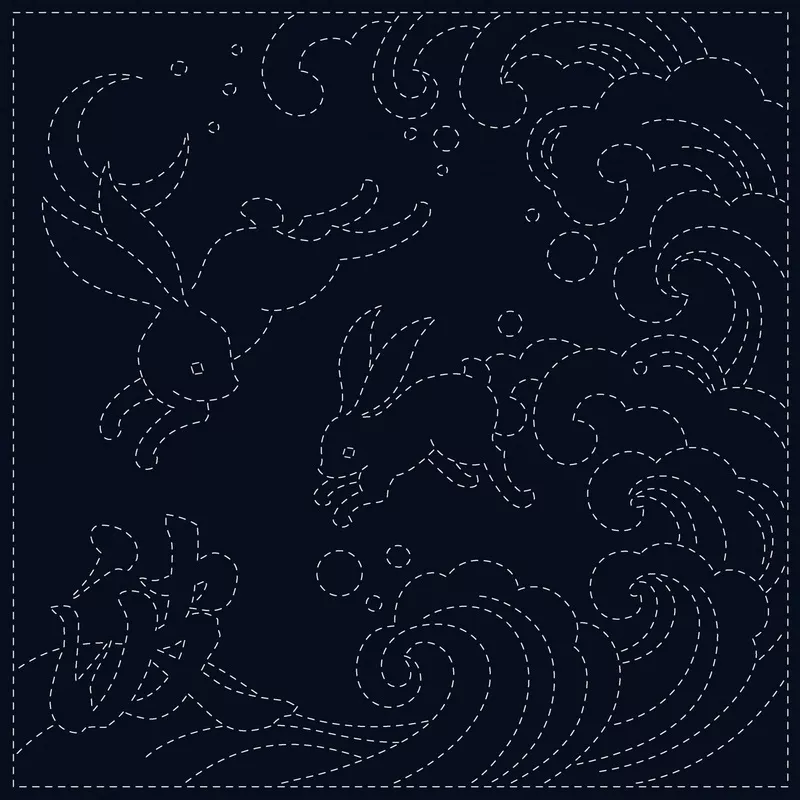 Sashiko Cloth – Rabbits and Clouds – Navy