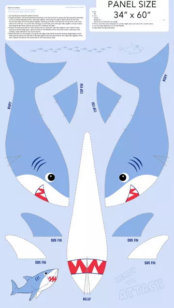 Shark Stuffie 34" x 60" Panel - Minky - Shark Attack