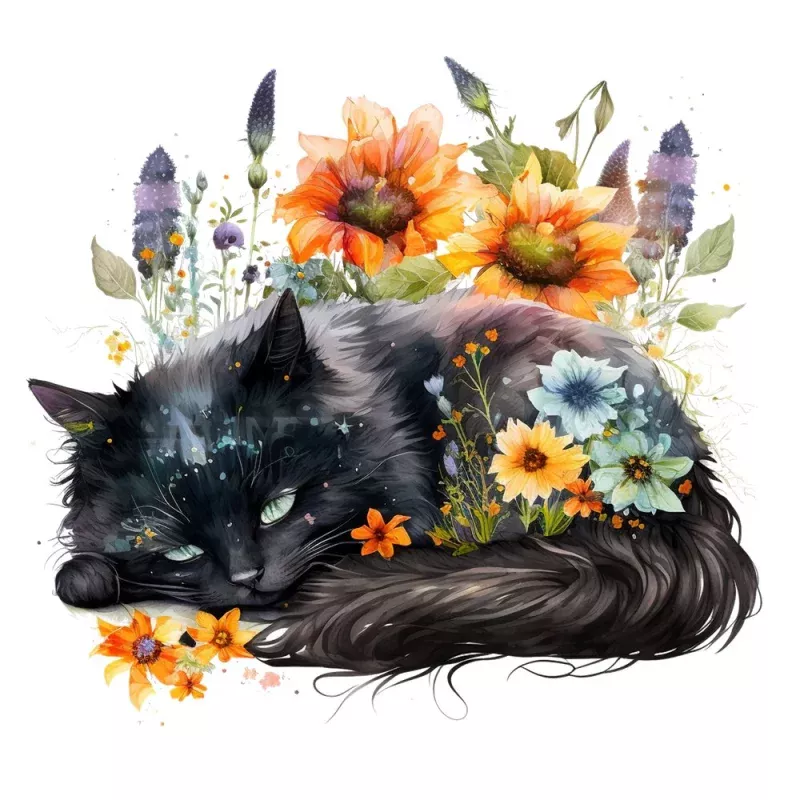 Sleepy Black Cat Fabric Panel
