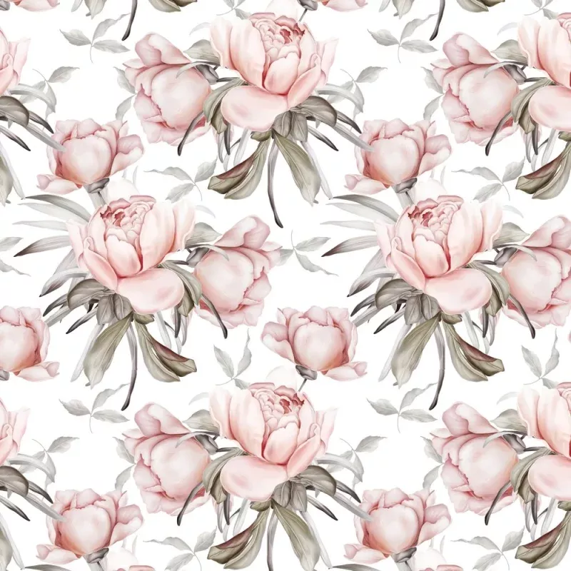 Spring Peonies Bouquets Fabric – White