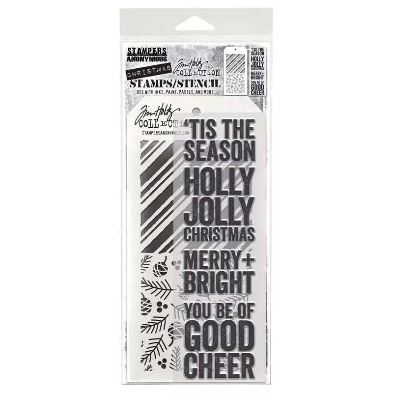 Tim Holtz Clear Stamps and Stencil Bold Tidings, Peppermint, Pinecones thmm179