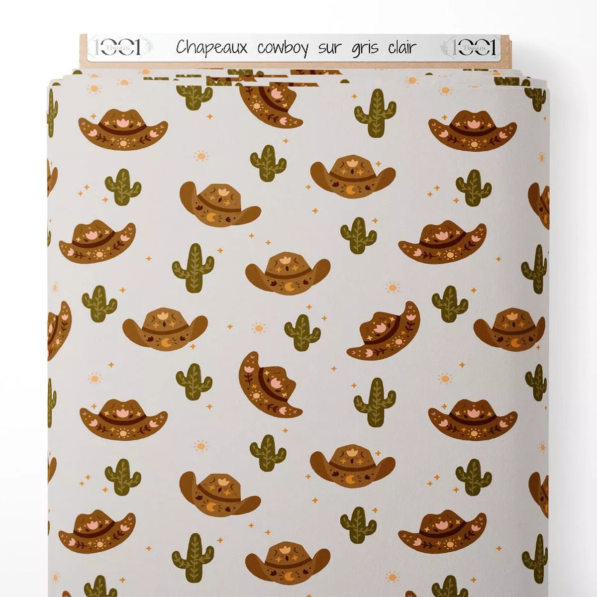 Tissu – Chapeaux cowboy sur gris clair