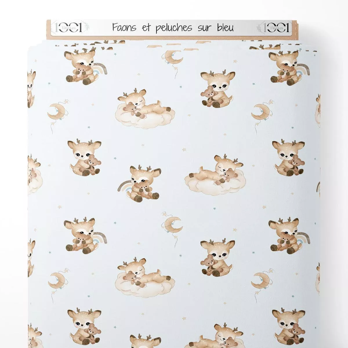Tissu – Faons et peluches sur bleu