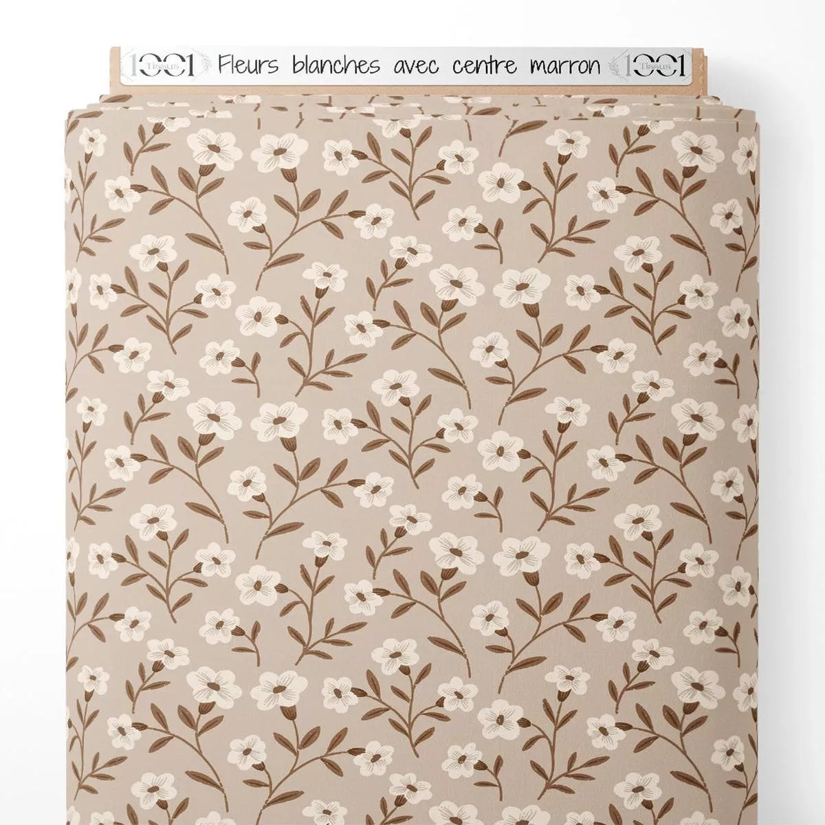 Tissu – Fleurs blanches avec centre marron