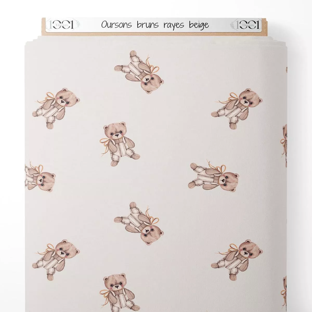 Tissu – Oursons bruns rays beige