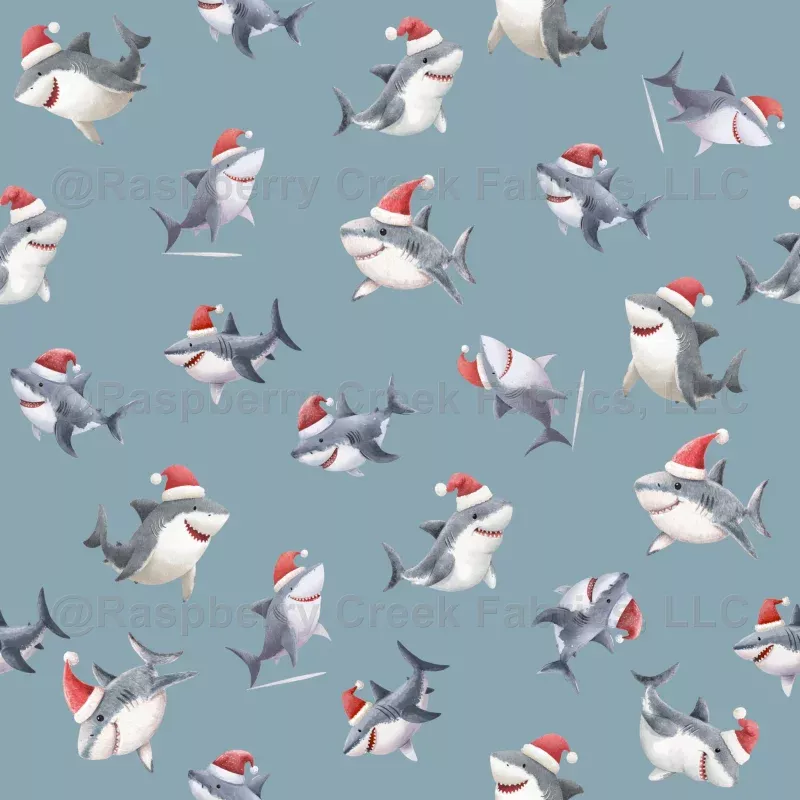 Tossed Christmas Sharks on Light Gray-Blue