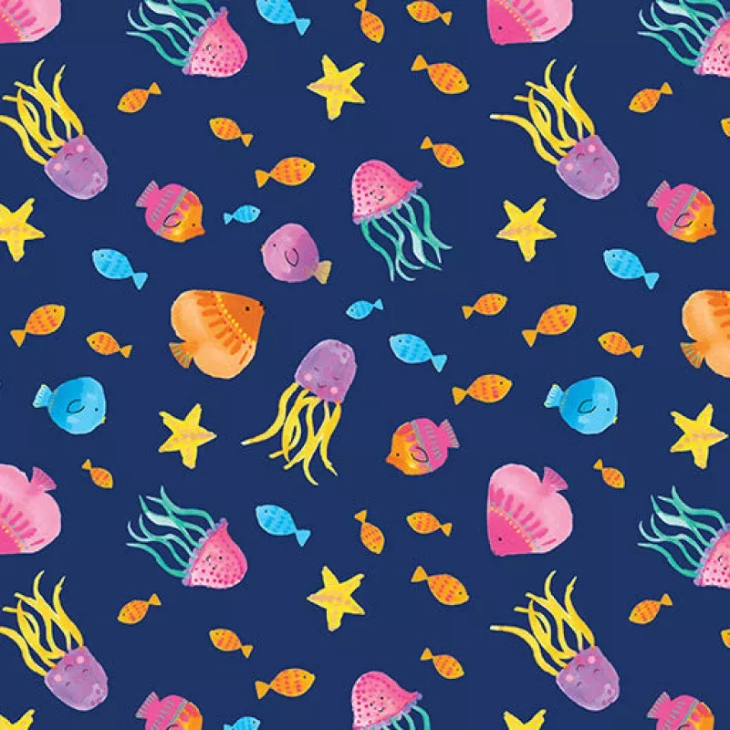 Tropical Fish Navy Cotton 44/45 Fabric Per Yard
