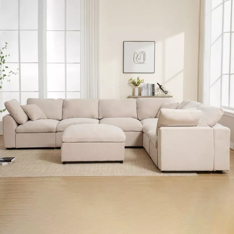 U-Shaped Modular Sectional Sofa with Ottoman7 Seat Apricot Beige