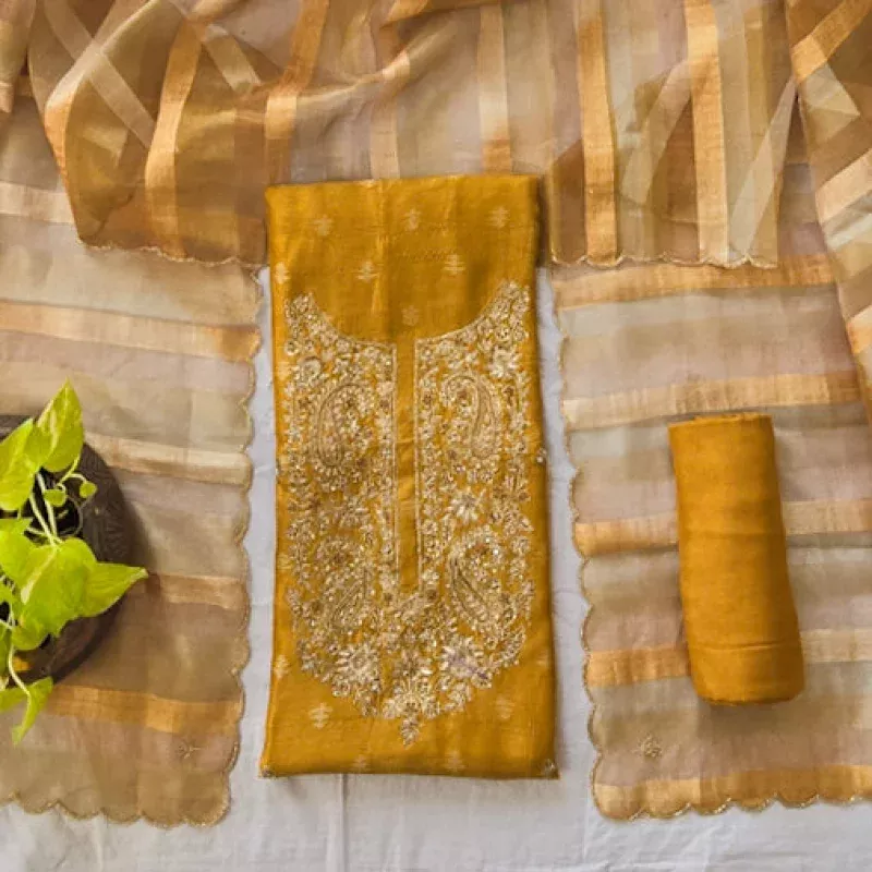 VAANI – Chanderi mustard With Embroided High Yoke Suit
