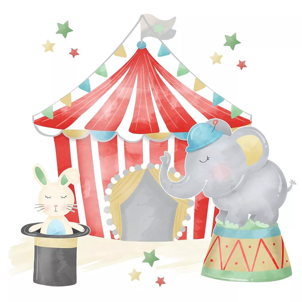Watercolor Circus Scene 3 Fabric Panel