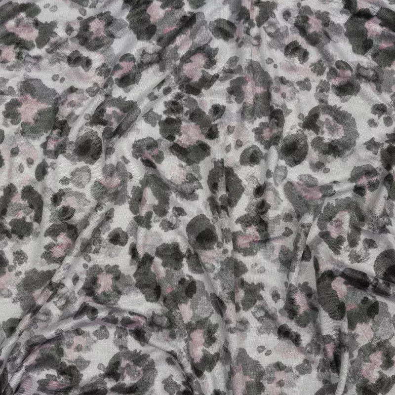 White, Gray and Pink Abstracted Floral Stretch Rayon Jersey