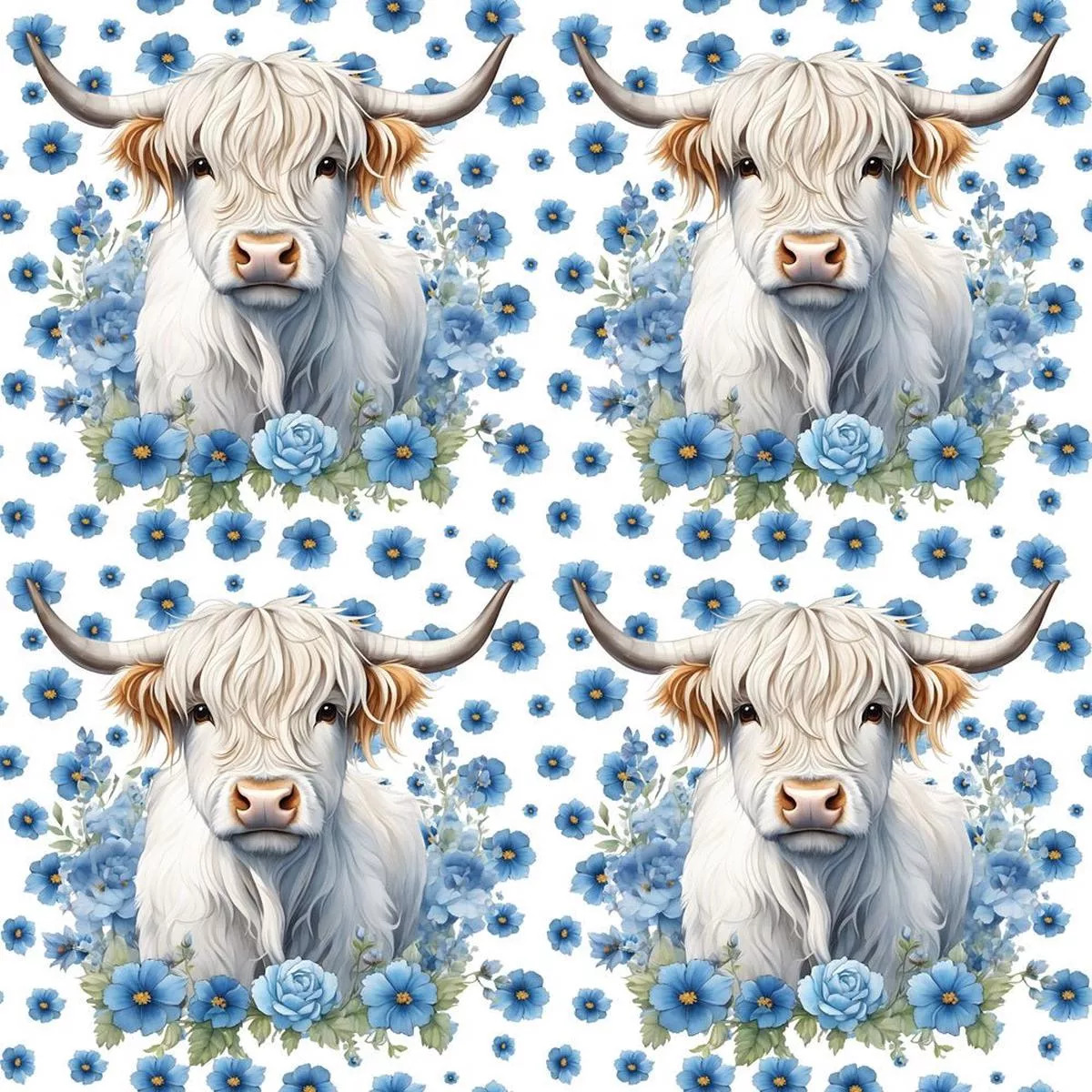 White Highland Cows & Flowers Fabric – Blue